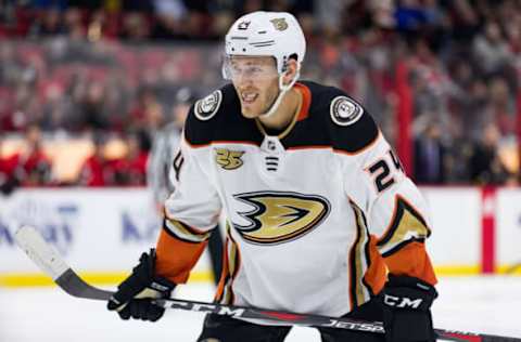 OTTAWA, ON – FEBRUARY 07: Anaheim Ducks Center Carter Rowney (24) waits for a face-off during third period National Hockey League action between the Anaheim Ducks and Ottawa Senators on February 7, 2019, at Canadian Tire Centre in Ottawa, ON, Canada. (Photo by Richard A. Whittaker/Icon Sportswire via Getty Images)