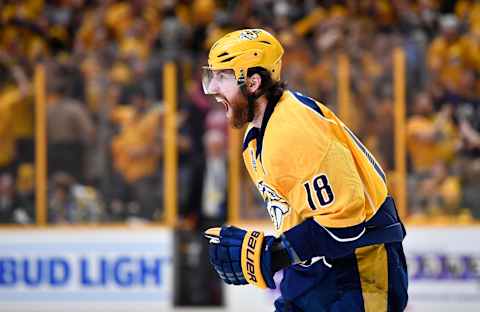 Nashville Predators left wing James Neal (18) celebrates after scoring a goal Mandatory Credit: Christopher Hanewinckel-USA TODAY Sports