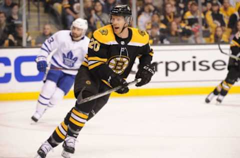 BOSTON, MA – APRIL 21: Riley Nash #20 of the Boston Bruins skates against the Toronto Maple Leafs in Game Five of the Eastern Conference First Round in the 2018 Stanley Cup Playoffs at the TD Garden on April 21, 2018 in Boston, Massachusetts. (Photo by Steve Babineau/NHLI via Getty Images) *** Local Caption *** Riley Nash