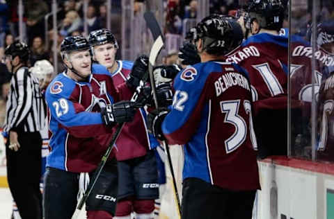 Nov 23, 2016; Denver, CO, USA; Colorado Avalanche center Nathan MacKinnon (29) celebrates with teammates after scoring a goal in the first period against the Edmonton Oilers at the Pepsi Center. Mandatory Credit: Isaiah J. Downing-USA TODAY Sports