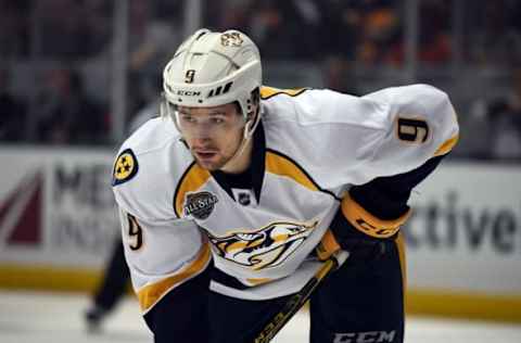 Apr 27, 2016; Anaheim, CA, USA; Nashville Predators center Filip Forsberg (9) reacts against the Anaheim Ducks in game seven of the first round of the 2016 Stanley Cup Playoffs at Honda Center. The Predators defeated the Ducks 2-1 to win the series 4-3. Mandatory Credit: Kirby Lee-USA TODAY Sports