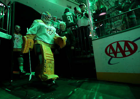 DALLAS, TEXAS – MARCH 07: Juuse Saros #74 of the Nashville Predators walks to the ice before a game against the Dallas Stars at American Airlines Center on March 07, 2020 in Dallas, Texas. (Photo by Ronald Martinez/Getty Images)