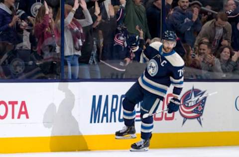 COLUMBUS, OH – OCTOBER 18: Columbus Blue Jackets left wing Nick Foligno (71) celebrates after scoring a goal in the second period of a game between the Columbus Blue Jackets and the Philadelphia Flyers on October 18, 2018 at Nationwide Arena in Columbus, OH. (Photo by Adam Lacy/Icon Sportswire via Getty Images)