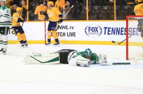 NASHVILLE, TN – OCTOBER 12: Dallas Stars goalie Ben Bishop (30) is shown following a second period goal by Nashville Predators left wing Filip Forsberg (9) during the NHL game between the Dallas Stars and the Nashville Predators, held on October 12, 2017, at Bridgestone Arena in Nashville, Tennessee. (Photo by Danny Murphy/Icon Sportswire via Getty Images)