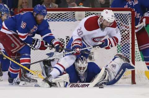 Henrik Lundqvist #30 of the New York Rangers defends the net (Photo by Bruce Bennett/Getty Images)