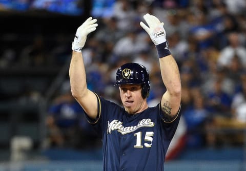 Kratz celebrates a double during Game Three of the NLDS. Photo by Kevork Djansezian/Getty Images.