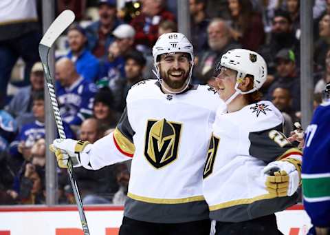 VANCOUVER, BC – MARCH 9: Alex Tuch #89 is congratulated by teammate Cody Eakin #21 of the Vegas Golden Knights after scoring during their NHL game against the Vancouver Canucks at Rogers Arena March 9, 2019 in Vancouver, British Columbia, Canada. (Photo by Jeff Vinnick/NHLI via Getty Images)”n