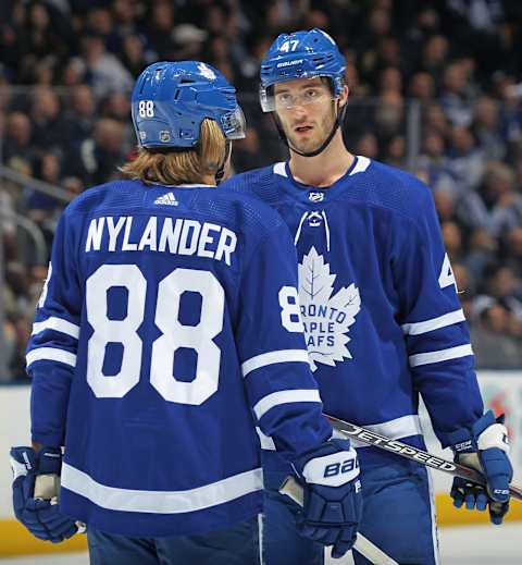 TORONTO, ON – JANUARY 16: Pierre Engvall #47 and William Nylander . (Photo by Claus Andersen/Getty Images)