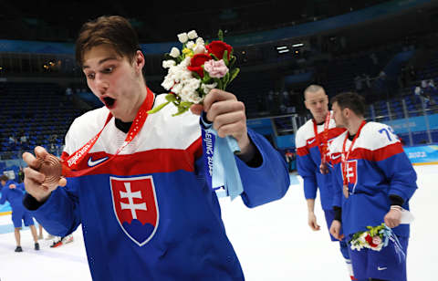 Juraj Slafkovsky #20 of Team Slovakia (Photo by Bruce Bennett/Getty Images)