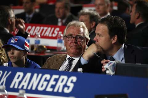 CHICAGO, IL – JUNE 23: President Glen Sather, left, of the New York Rangers looks on from the draft table during Round One of the 2017 NHL Draft at United Center on June 23, 2017 in Chicago, Illinois. (Photo by Dave Sandford/NHLI via Getty Images)