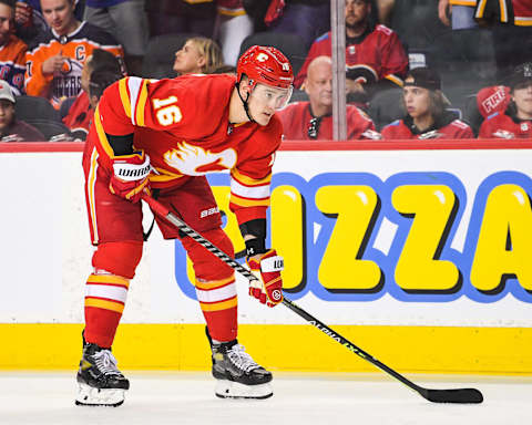 CALGARY, AB – MAY 26: Nikita Zadorov #16 of the Calgary Flames in action against the Edmonton Oilers during Game Five of the Second Round of the 2022 Stanley Cup Playoffs at Scotiabank Saddledome on May 26, 2022 in Calgary, Alberta, Canada. The Oilers defeated the Flames 5-4 in overtime to win the series four games to one. (Photo by Derek Leung/Getty Images)