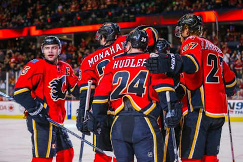 NHL Team Name Origins: Calgary Flames left wing Jiri Hudler (24) celebrates his goal with teammates against the New York Islanders during the first period at Scotiabank Saddledome. Mandatory Credit: Sergei Belski-USA TODAY Sports