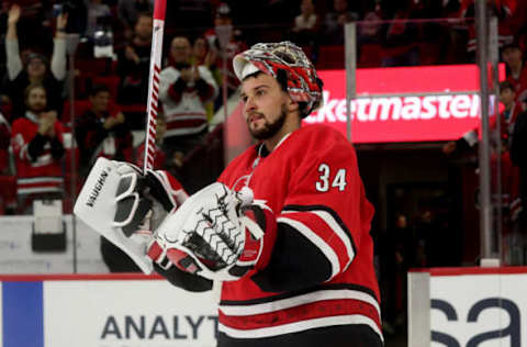 RALEIGH, NC – DECEMBER 16: Petr Mrazek #34 of the Carolina Hurricanes wins in a shut out, 3-0, over the Arizona Coyotes during an NHL game on December 16, 2018 at PNC Arena in Raleigh, North Carolina. (Photo by Gregg Forwerck/NHLI via Getty Images)