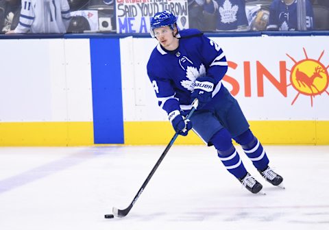 TORONTO, ON – APRIL 04: Toronto Maple Leafs right wing Kasperi Kapanen (24) skates during the warm-up before a game between the Tampa Bay Lightning and the Toronto Maple Leafs on April 04, 2019, at the Scotiabank Arena in Toronto, Ontario Canada. (Photo by Nick Turchiaro/Icon Sportswire via Getty Images)