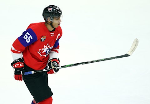 HAMILTON, ON – JANUARY 16: Quinton Byfield #55 of Team Red skates during the 2020 CHL/NHL Top Prospects Game against Team White at FirstOntario Centre on January 16, 2020 in Hamilton, Canada. (Photo by Vaughn Ridley/Getty Images)