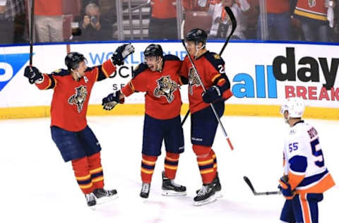 NHL Team Name Origins: Florida Panthers center Nick Bjugstad (27) celebrates his goal with right wing Reilly Smith (18) and left wing Jussi Jokinen (36) as New York Islanders defenseman Johnny Boychuk (55) looks on in the second period in game two of the first round of the 2016 Stanley Cup Playoffs at BB&T Center. Mandatory Credit: Robert Mayer-USA TODAY Sports