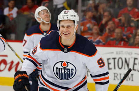 CALGARY, AB – DECEMBER 2: Jesse Puljujarvi #98 of the Edmonton Oilers is all smiles after a goal against the Calgary Flames at Scotiabank Saddledome on December 2, 2017 in Calgary, Alberta, Canada. (Photo by Gerry Thomas/NHLI via Getty Images)