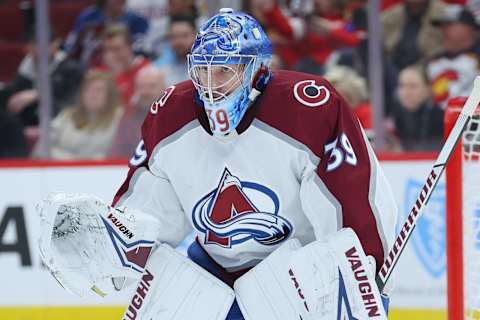 CHICAGO, ILLINOIS – JANUARY 12: Pavel Francouz #39 of the Colorado Avalanche tends the net against the Chicago Blackhawks during the second period at United Center on January 12, 2023 in Chicago, Illinois. (Photo by Michael Reaves/Getty Images)