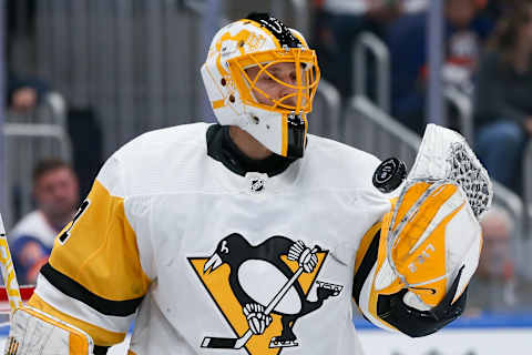 Apr 12, 2022; Elmont, New York, USA; Pittsburgh Penguins goaltender Casey DeSmith (1) . Mandatory Credit: Tom Horak-USA TODAY Sports