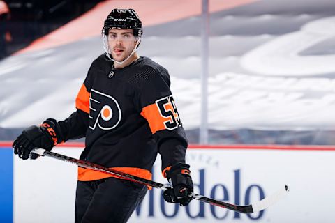 Jackson Cates looks on in the first period during a game between the Flyers and the New Jersey Devils. (Photo by Tim Nwachukwu/Getty Images)