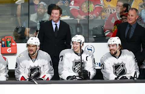 LOS ANGELES, CA – JANUARY 29: (L-R) Alex Ovechkin #8 of the Washington Capitals, coach Wayne Gretzky, Sidney Crosby #87 of the Pittsburgh Penguins, Justin Faulk #27 of the Carolina Hurricanes and coach Paul Coffey react from the bench area during the Metropolitan Division and Pacific Division match-up of the 2017 Honda NHL All-Star Game at Staples Center on January 29, 2017 in Los Angeles, California. (Photo by Jeff Vinnick/NHLI via Getty Images)