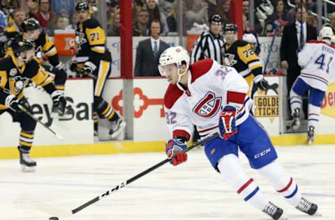 Dec 31, 2016; Pittsburgh, PA, USA; Montreal Canadiens center Brian Flynn (32) skates with the puck against the Pittsburgh Penguins during the first period at the PPG PAINTS Arena. The Penguins won 4-3 in overtime. Mandatory Credit: Charles LeClaire-USA TODAY Sports