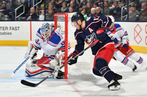 COLUMBUS, OH – JANUARY 13: Cam Atkinson #13 of the Columbus Blue Jackets skates against the New York Rangers on January 13, 2019 at Nationwide Arena in Columbus, Ohio. (Photo by Jamie Sabau/NHLI via Getty Images)