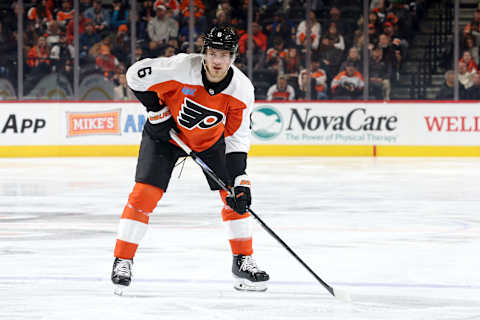 Travis Sanheim follows the play in the Philadelphia Flyers’ recent game against the Buffalo Sabres. (Photo by Tim Nwachukwu/Getty Images)