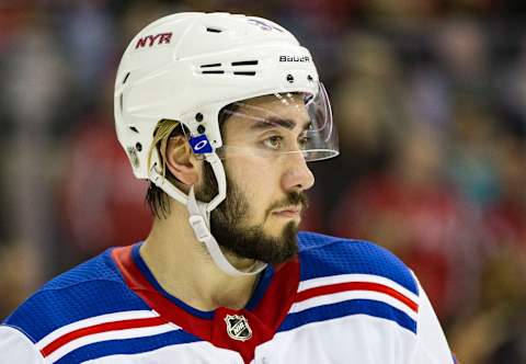 WASHINGTON, DC – MARCH 28: New York Rangers center Mika Zibanejad (93) waits for a face off during a NHL game between the Washington Capitals and the New York Rangers on March 28, 2018, at Capital One Arena in Washington D.C. The Capitals defeated the Rangers 3-2 in overtime.(Photo by Tony Quinn/Icon Sportswire via Getty Images)