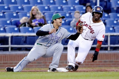 PORTLAND, ME – APRIL 24: Josh Fuenntes of the Hartford Yard Goats looks for the out call, one he would get, after Anneury Tavares of the Portland Sea Dogs was caught stealing in the bottom of the sixth inning at Hadlock Field Monday, April 24, 2017. (Staff Photo by Gabe Souza/Portland Press Herald via Getty Images)