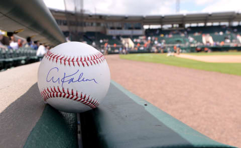 LAKELAND, FL – FEBRUARY 25: A detailed view of an autographed Al Kaline baseball sitting on the rail prior to the Spring Training game between the Houston Astros and the Detroit Tigers at Publix Field at Joker Marchant Stadium on February 25, 2017 in Lakeland, Florida. The Tigers defeated the Astros 11-4. (Photo by Mark Cunningham/MLB Photos via Getty Images)