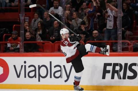 STOCKHOLM, SWE – NOVEMBER 11: Blake Comeau #14 of the Colorado Avalanche celebrates his first period shorthanded goal against the Ottawa Senators at Ericsson Globe on November 11, 2017 in Stockholm, Sweden. (Photo by Andre Ringuette/NHLI via Getty Images)