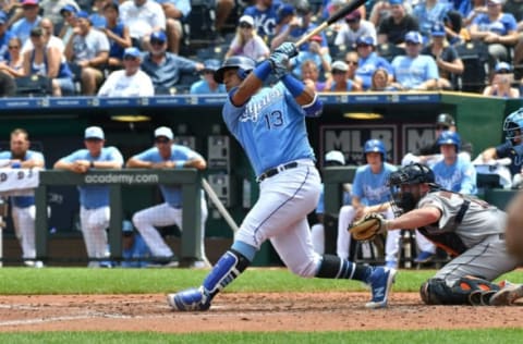 KANSAS CITY, MO – JUNE 17: Kansas City Royals catcher Salvador Perez (13) at bat during a Major League Baseball game between the Houston Astros and the Kansas City Royals on June 17, 2018, at Kauffman Stadium, Kansas City, MO. Houston won, 7-4. (Photo by Keith Gillett/Icon Sportswire via Getty Images)