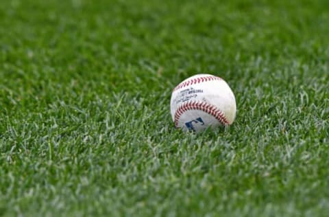 Apr 15, 2017; Kansas City, MO, USA; A general view of a baseball on the field prior to a game between the Los Angeles Angels and the Kansas City Royals at Kauffman Stadium. Mandatory Credit: Peter G. Aiken-USA TODAY Sports. MLB.