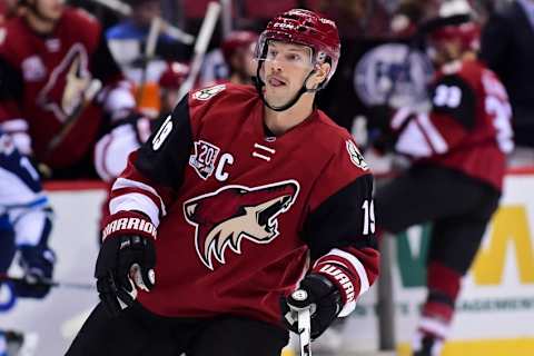 Nov 10, 2016; Glendale, AZ, USA; Arizona Coyotes right wing Shane Doan (19) looks on during the second period against the Winnipeg Jets at Gila River Arena. Mandatory Credit: Matt Kartozian-USA TODAY Sports