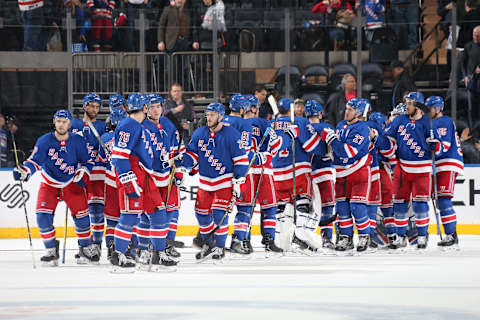 NEW YORK, NY – DECEMBER 09: The New York Rangers celebrate after defeating the New Jersey Devils 5-2 at Madison Square Garden on December 9, 2017 in New York City. (Photo by Jared Silber/NHLI via Getty Images)