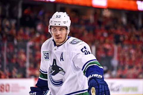 CALGARY, AB – OCTOBER 05: Vancouver Canucks Center Bo Horvat (53) directs teammates into position during the third period of an NHL game where the Calgary Flames hosted the Vancouver Canucks on October 5, 2019, at the Scotiabank Saddledome in Calgary, AB. (Photo by Brett Holmes/Icon Sportswire via Getty Images)