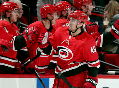 RALEIGH, NC – JANUARY 2: Victor Rask #49 of the Carolina Hurricanes celebrates his second period goal against the Washington Capitals during an NHL game on January 2, 2018 at PNC Arena in Raleigh, North Carolina. (Photo by Gregg Forwerck/NHLI via Getty Images)