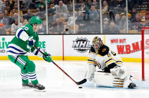 BOSTON, MA – MARCH 05: Carolina Hurricanes center Sebastian Aho (20) scores on Boston Bruins goalie Jaroslav Halak (41) during a game between the Boston Bruins and the Carolina Hurricanes on March 5, 2019, at TD Garden in Boston, Massachusetts. (Photo by Fred Kfoury III/Icon Sportswire via Getty Images)