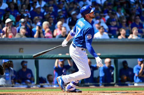 Mar 14, 2017; Mesa, AZ, USA; (EDITORS NOTE: caption correction – Brewers player misidentified in original) Chicago Cubs third baseman Kris Bryant (17) hits a solo home run in the first inning against the Milwaukee Brewers during a spring training game at Sloan Park. Mandatory Credit: Matt Kartozian-USA TODAY Sports