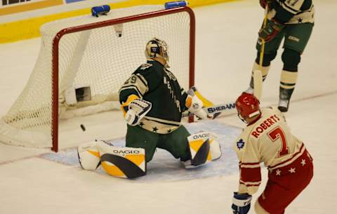 St. Paul, MN – Xcel Center – 2/8/04 – NHL Allstar Game – West goalie Tomas Vokoun watches Gary Roberts shot in the goal in the 2nd period. (Photo by BRUCE BISPING/Star Tribune via Getty Images)