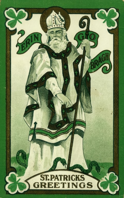 An illustration of Saint Patrick and the snakes that probably never existed.