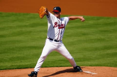 ATLANTA – OCTOBER 2: Starting pitcher Tom Glavine #47 of the Atlanta Braves delivers the pitch during game one of the National League Division Series against the San Francisco Giants at Turner Field in Atlanta, Georgia on October 2, 2002. The Giants defeated the Braves 8-5, giving them the first win in the five-game series. (Photo by Jamie Squire /Getty Images)