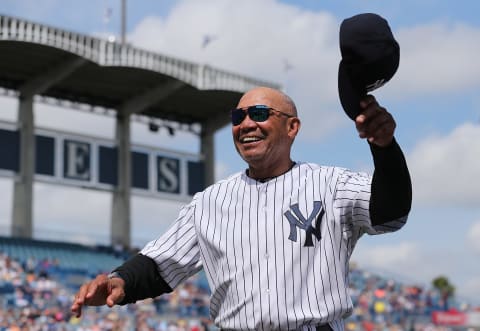 TAMPA FL- MARCH 2: Former New York Yankees HOF Reggie Jackson waves to the crowd prior to the start of the Spring Training Game against the Detroit Tigers on March 2, 2016 during the Spring Training Game at George Steinbrenner Field in Tampa, Florida. (Photo by Leon Halip/Getty Images)