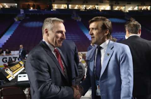 VANCOUVER, BRITISH COLUMBIA – JUNE 21: (L-R) Pat Verbeek and George McPhee attend the 2019 NHL Draft at the Rogers Arena on June 21, 2019, in Vancouver, Canada. (Photo by Bruce Bennett/Getty Images)