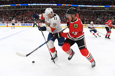 CHICAGO, IL – DECEMBER 12: Chicago Blackhawks center Jonathan Toews (19) battles with Florida Panthers left wing Jonathan Huberdeau (11) for a loose puck in action during the first period of a game between the Chicago Blackhawks and the Florida Panthers on December 12, 2017, at the United Center in Chicago, IL. (Photo by Robin Alam/Icon Sportswire via Getty Images)