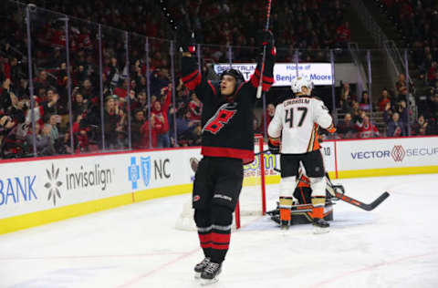 RALEIGH, NC – JANUARY 17: Carolina Hurricanes center Sebastian Aho (20) celebrates a goal during the 1st period of the Carolina Hurricanes game versus the Anaheim Ducks on January 17th, 2020 at PNC Arena in Raleigh, NC (Photo by Jaylynn Nash/Icon Sportswire via Getty Images)