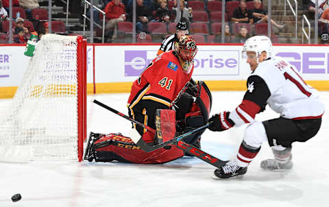 GLENDALE, AZ – NOVEMBER 25: Goalie Mike Smith #41 of the Calgary Flames deflects the puck wide of the net as Richard Panik #14 of the Arizona Coyotes skates in during the second period at Gila River Arena on November 25, 2018 in Glendale, Arizona. (Photo by Norm Hall/NHLI via Getty Images)