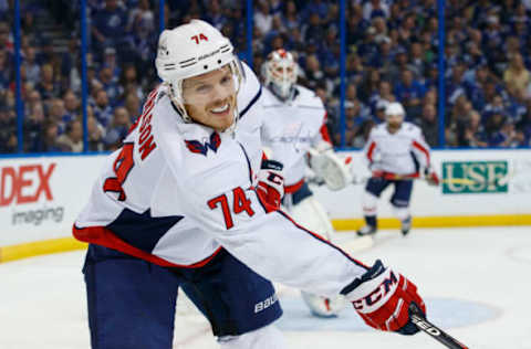 TAMPA, FL – MAY 13: John Carlson #74 of the Washington Capitals against the Tampa Bay Lightning during Game Two of the Eastern Conference Final during the 2018 NHL Stanley Cup Playoffs at Amalie Arena on May 13, 2018 in Tampa, Florida. (Photo by Scott Audette/NHLI via Getty Images)”n