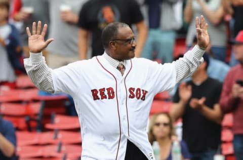 BOSTON, MA – OCTOBER 09: Former Boston Red Sox player Jim Rice acknowledges the crowd before throwing out the ceremonial first pitch before game four of the American League Division Series between the Houston Astros and the Boston Red Sox at Fenway Park on October 9, 2017 in Boston, Massachusetts. (Photo by Elsa/Getty Images)